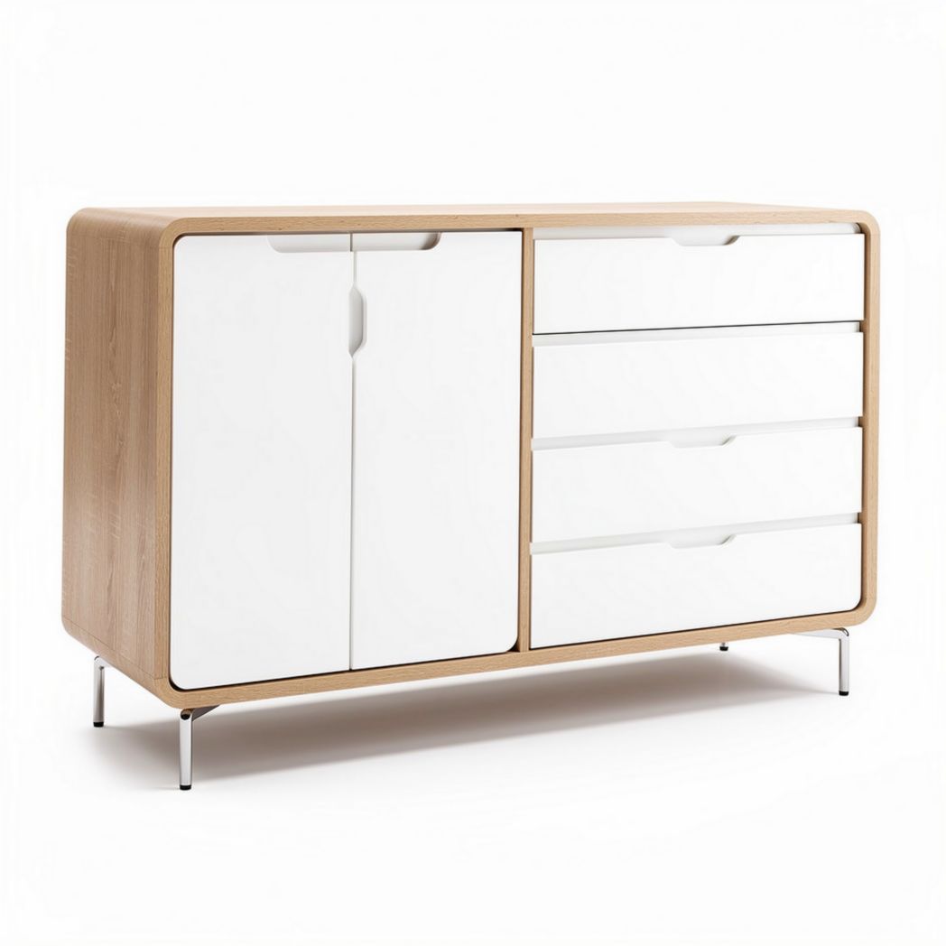 Wooden sideboard with white drawers and cabinet doors 150 x 40 x 85cm