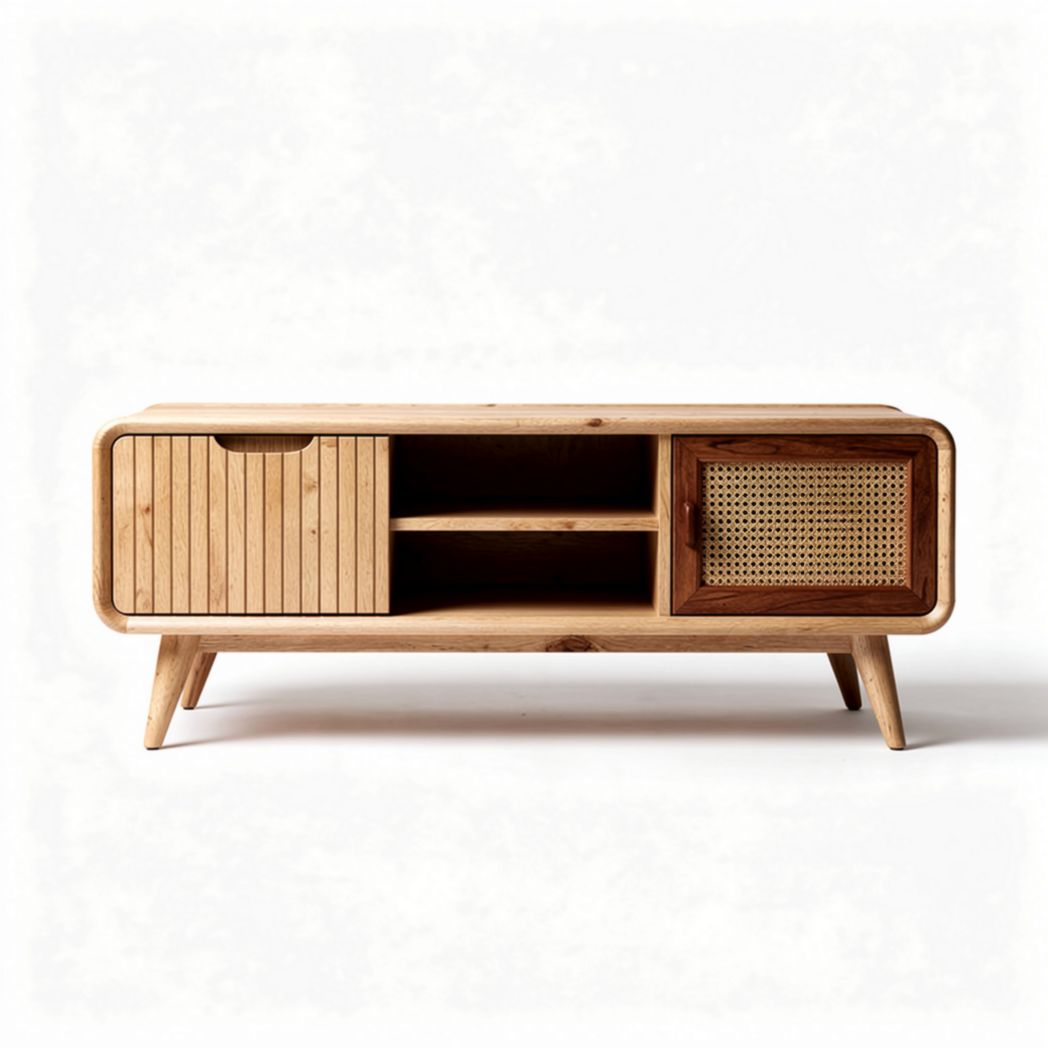 Wooden media console with storage drawer and rattan accent 120 x 40 x 50cm