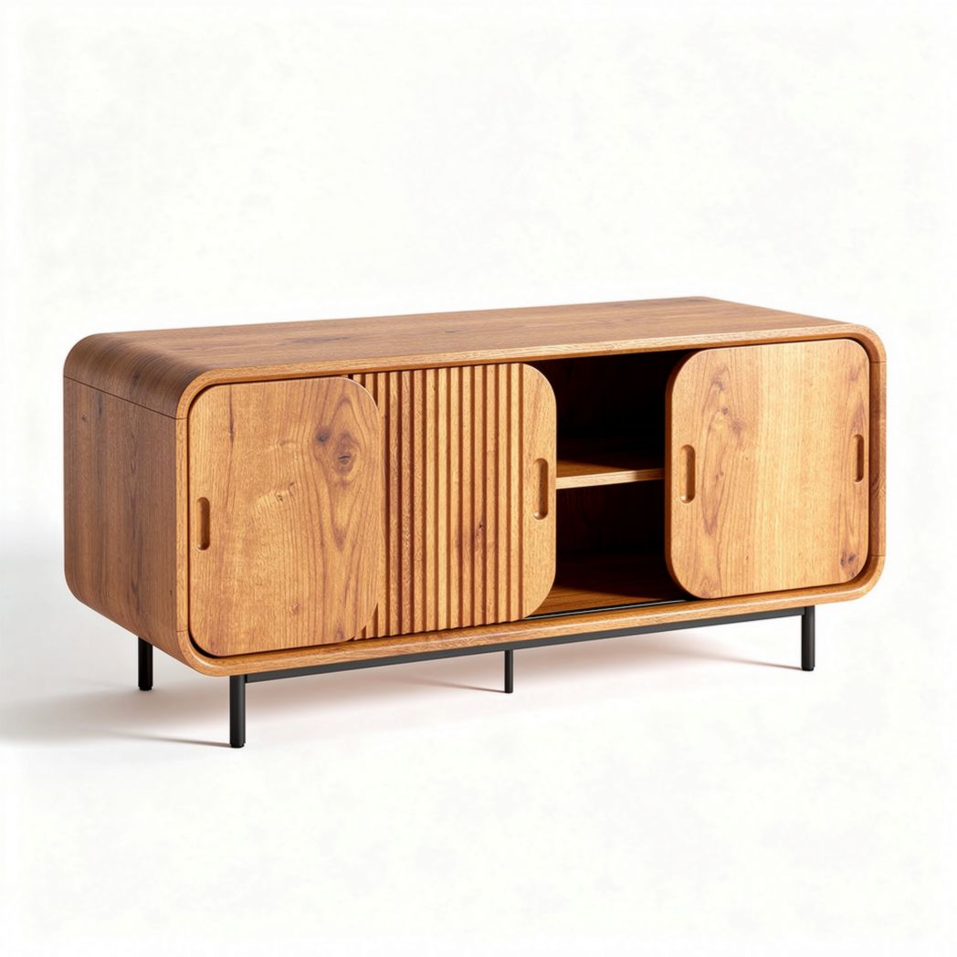 Wooden TV stand with slatted doors and metal legs 60 x 40 x 30 inches