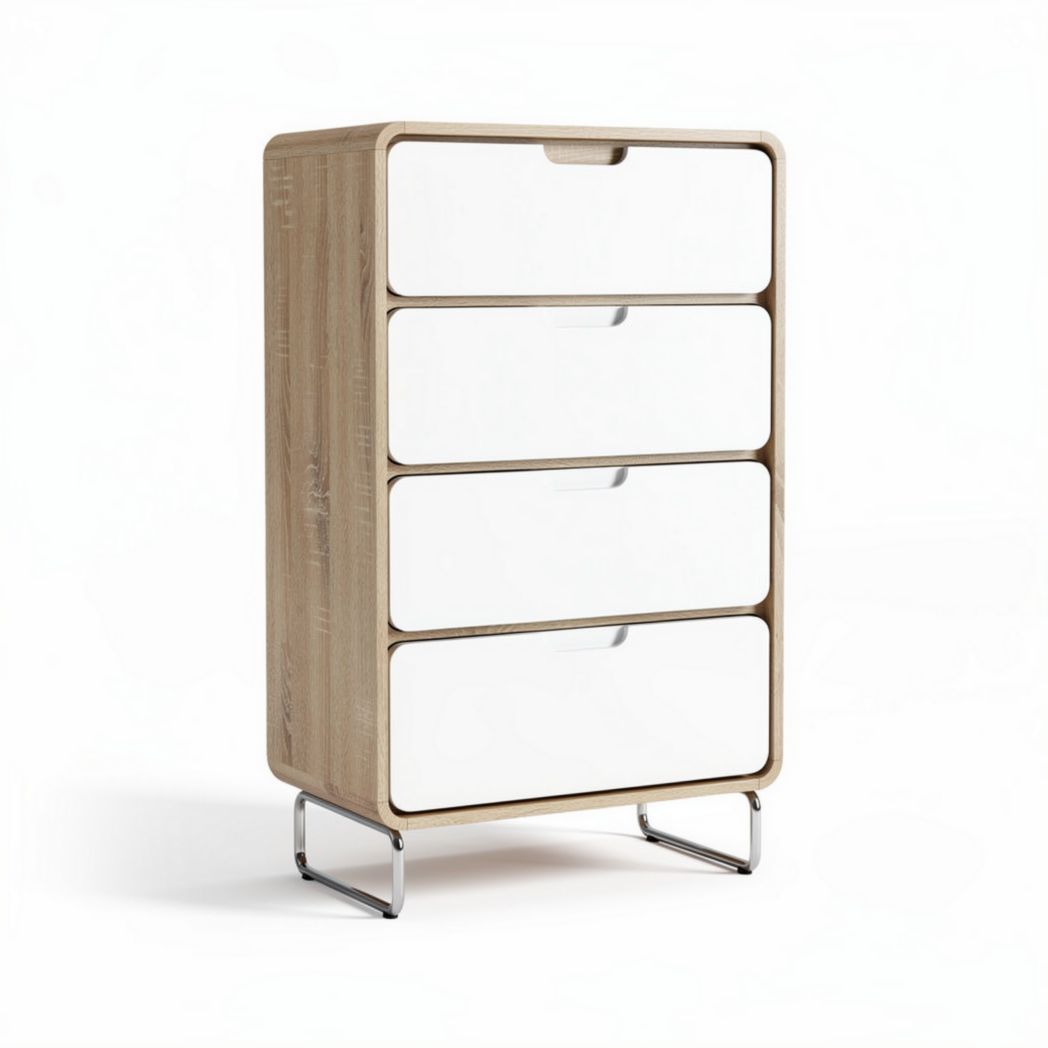 Wooden storage cabinet with four white drawers and metal legs 80 x 40 x 100cm