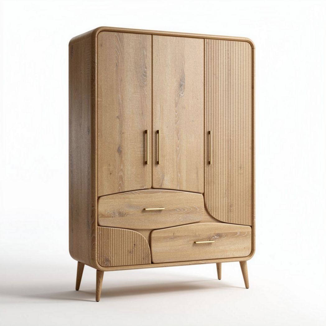 Wooden wardrobe with curved design and two drawers in natural finish 100 x 80 x 150cm