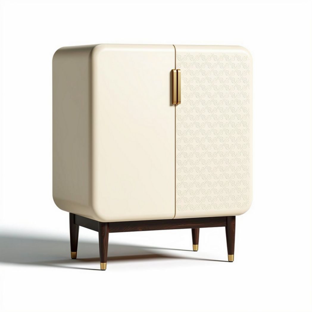 Cream-colored storage cabinet with wooden legs and patterned doors 80 x 40 x 100cm