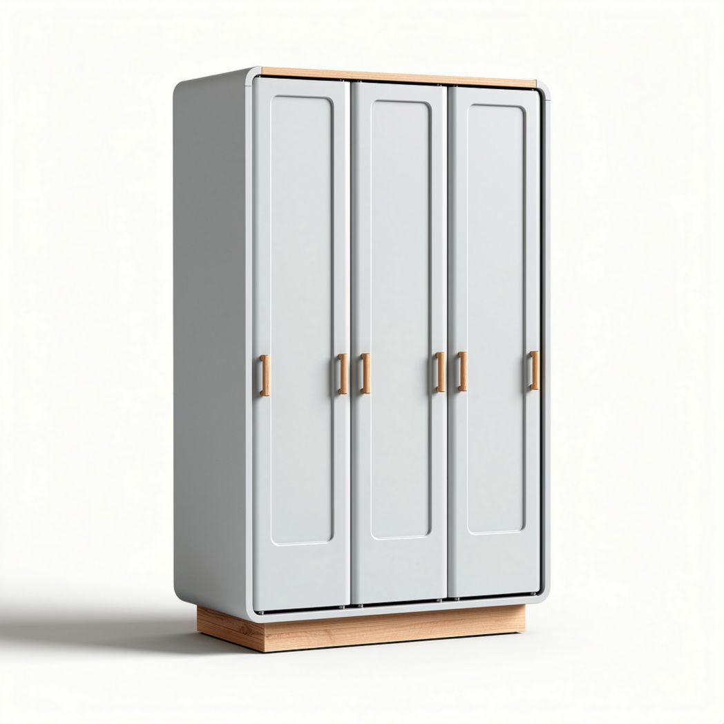 Three-door wardrobe with wooden accents in light gray 180 x 90 x 50cm