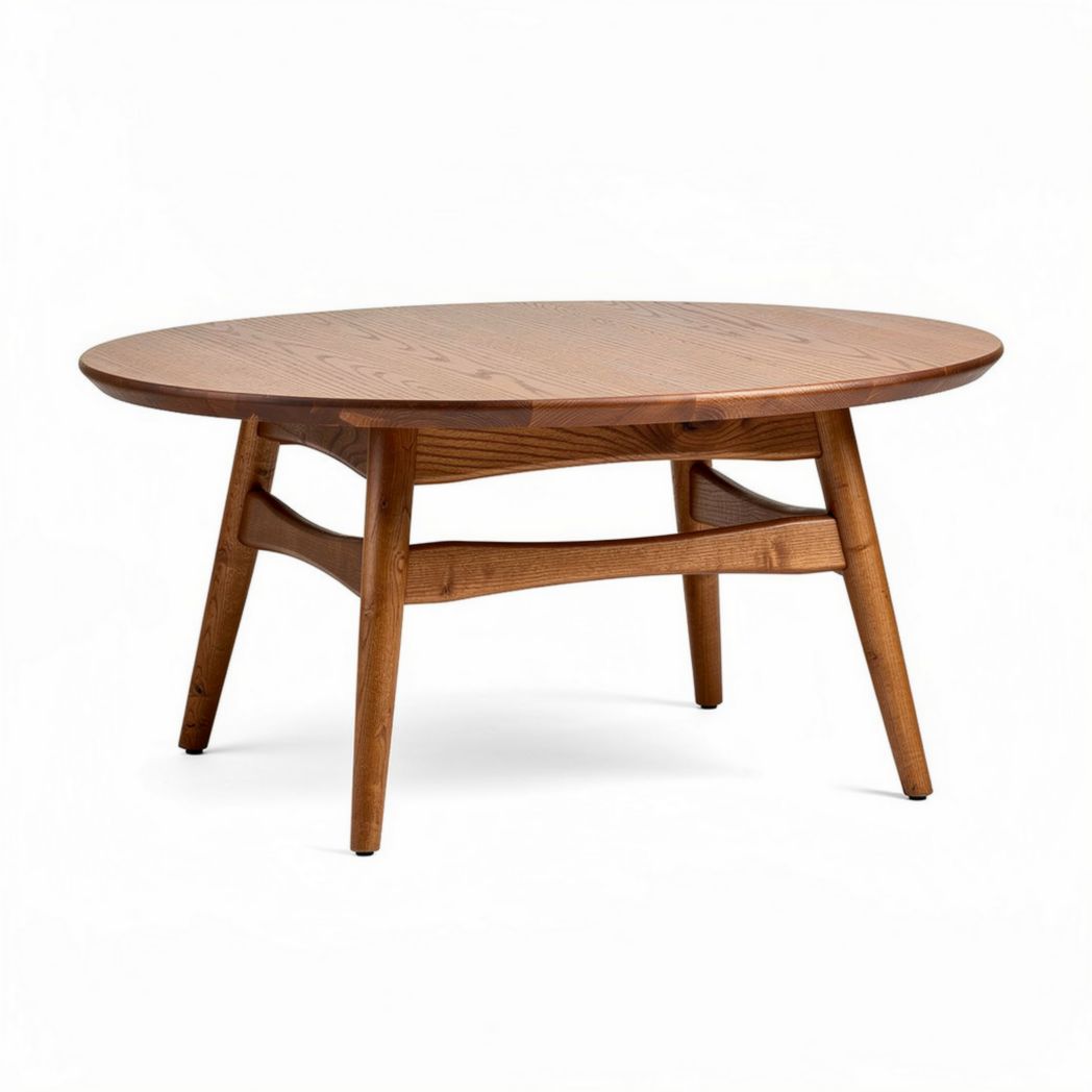 Round oak coffee table with open shelf design 39 inches diameter