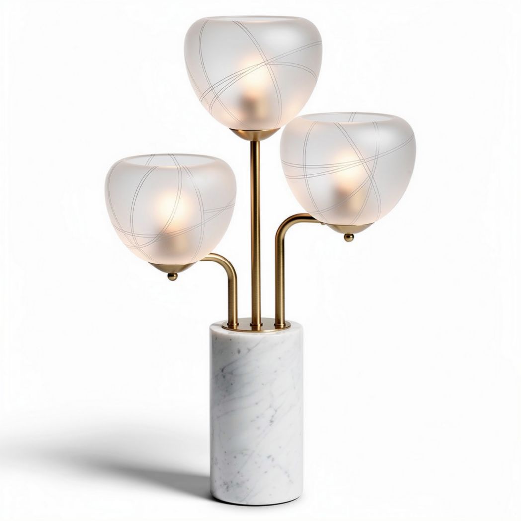 Three bulb table lamp with frosted glass shades and marble base 20 x 20 x 50cm