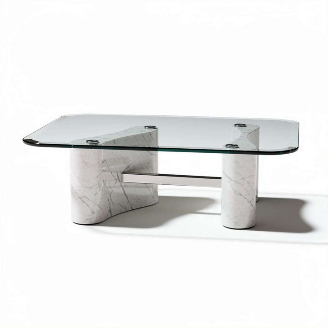 Marble and glass coffee table with stainless steel accents 120 x 60 x 40cm