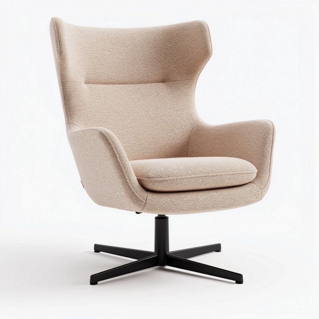Swivel accent chair in light beige fabric with soft cushioning and modern design