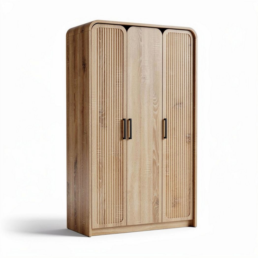 Three-door wood wardrobe with ribbed design and sturdy handles 180 x 100 x 50cm