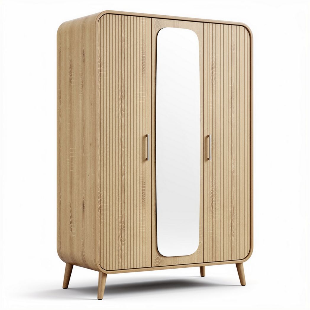Wooden wardrobe with mirror and ribbed design in natural finish 90 x 40 x 180cm