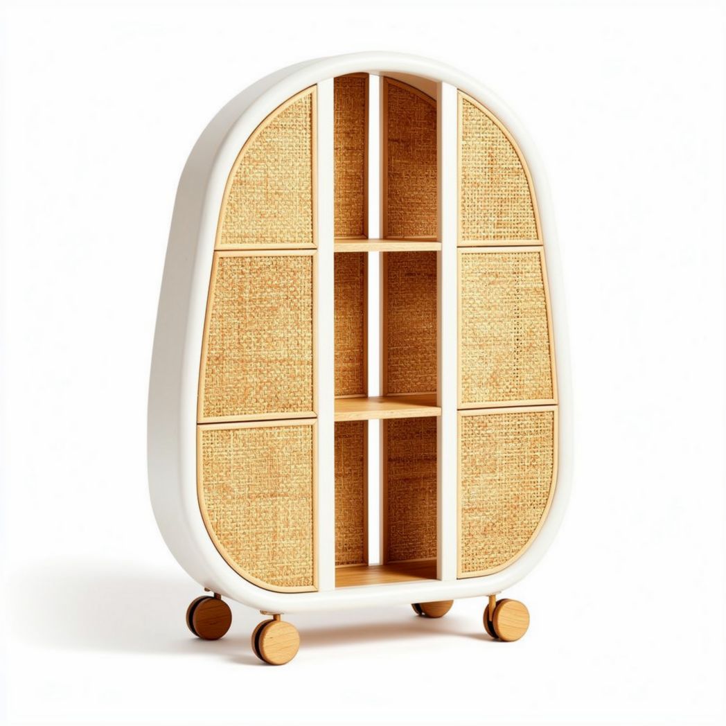 Rolling storage cabinet with rattan doors and wooden accents 80 x 40 x 120cm