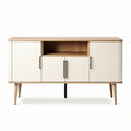 Wooden sideboard with white ribbed doors for living room storage 150 x 40 x 75cm
