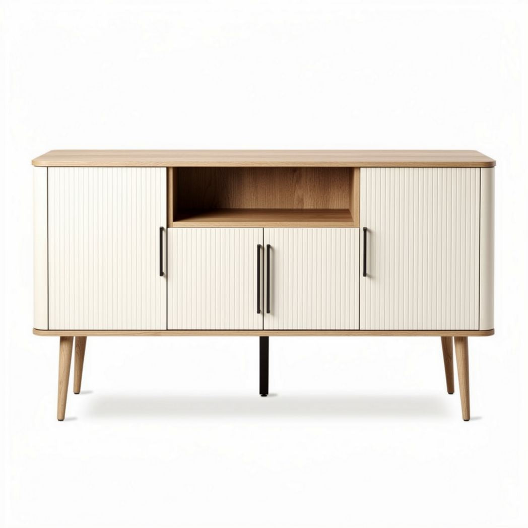 Wooden sideboard with white ribbed doors for living room storage 150 x 40 x 75cm
